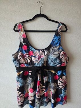 Black Floral Tropical Tankini Swim Top with Pink & Blue Tropical Hawaiian